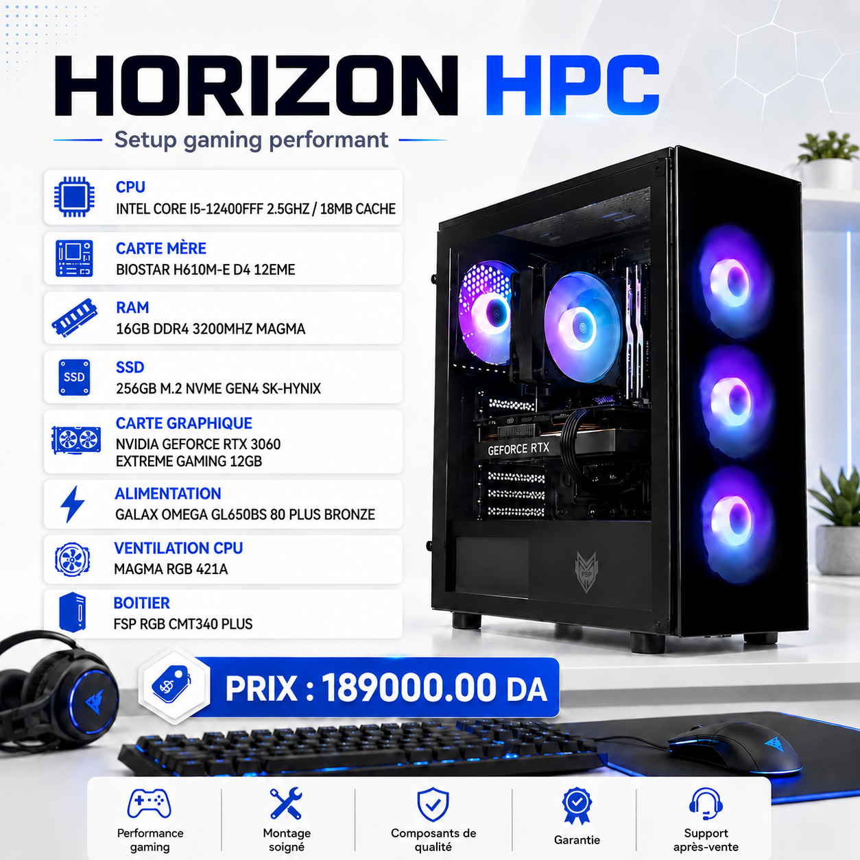 Unité PC Gamer i5-12e/H610/16Go(2x8)/256Go SSD/600W/RTX 3060 12Go