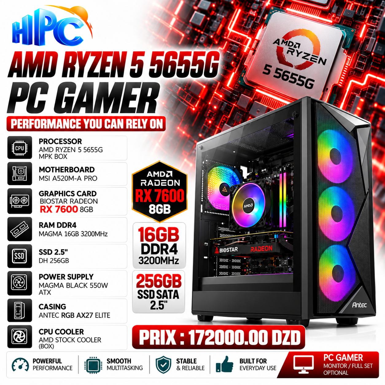 Unité PC Gamer R5-5655G/A520/16Go/256Go SSD/550W/RX 7600 8Go