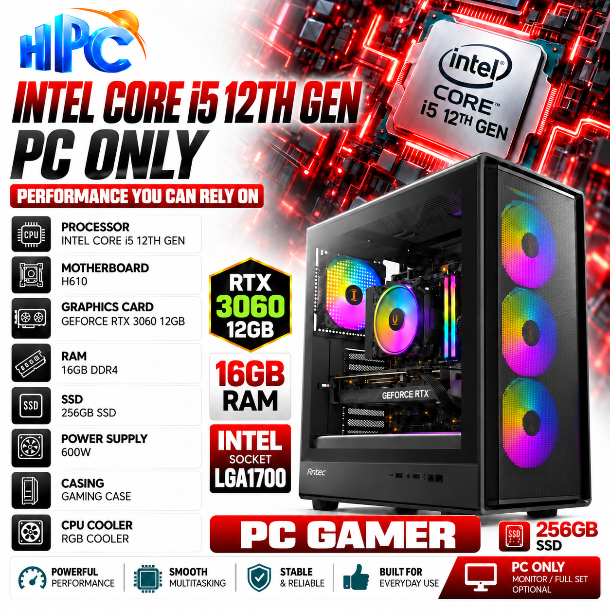 Unité PC Gamer i5-12e/H610/16Go/256Go SSD/600W/RTX 3060 12Go