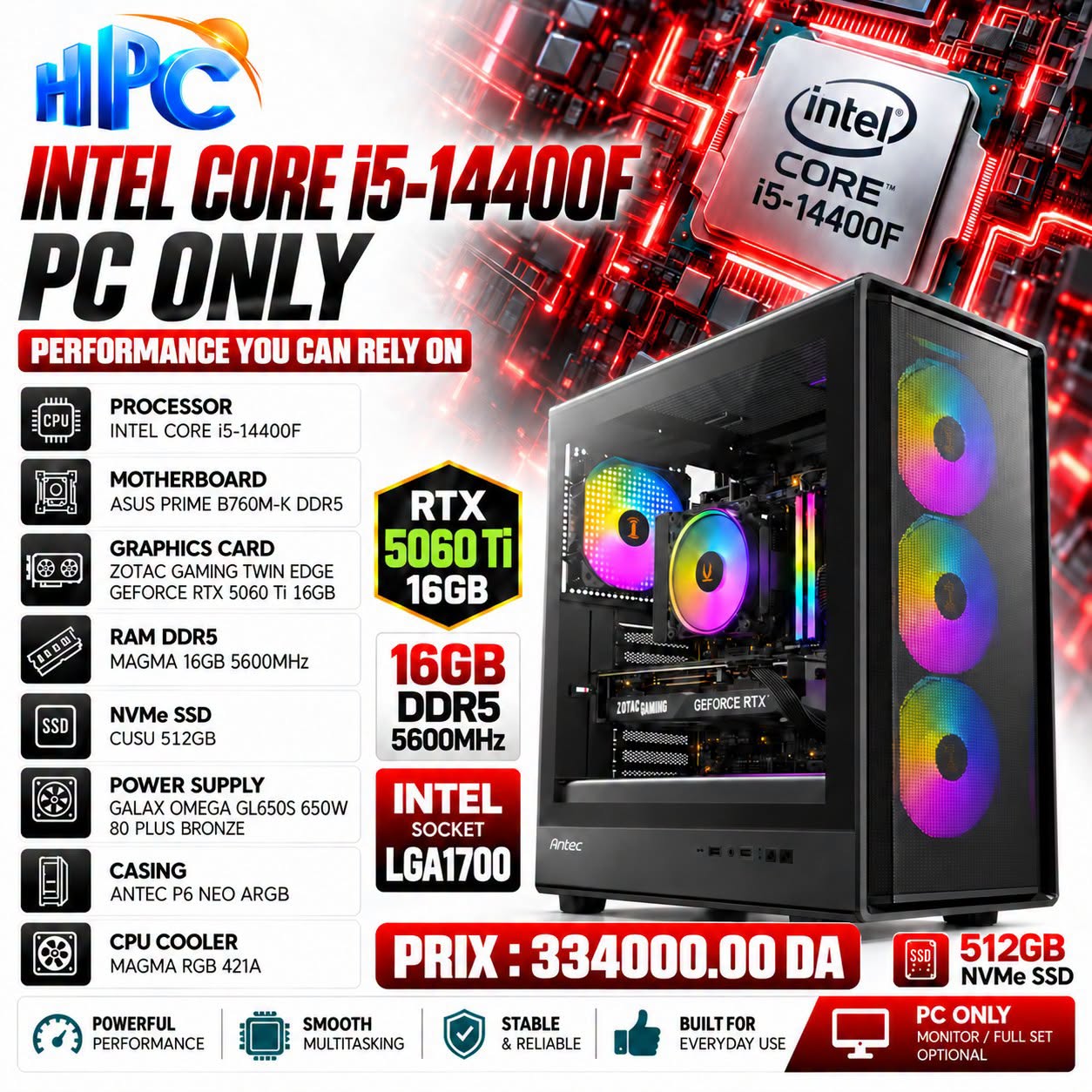 Unité Mon-Gamer i5-14EM/B760M/16Go/512Go-SSD/650W/GPU-16Go-RTX-5060-Ti