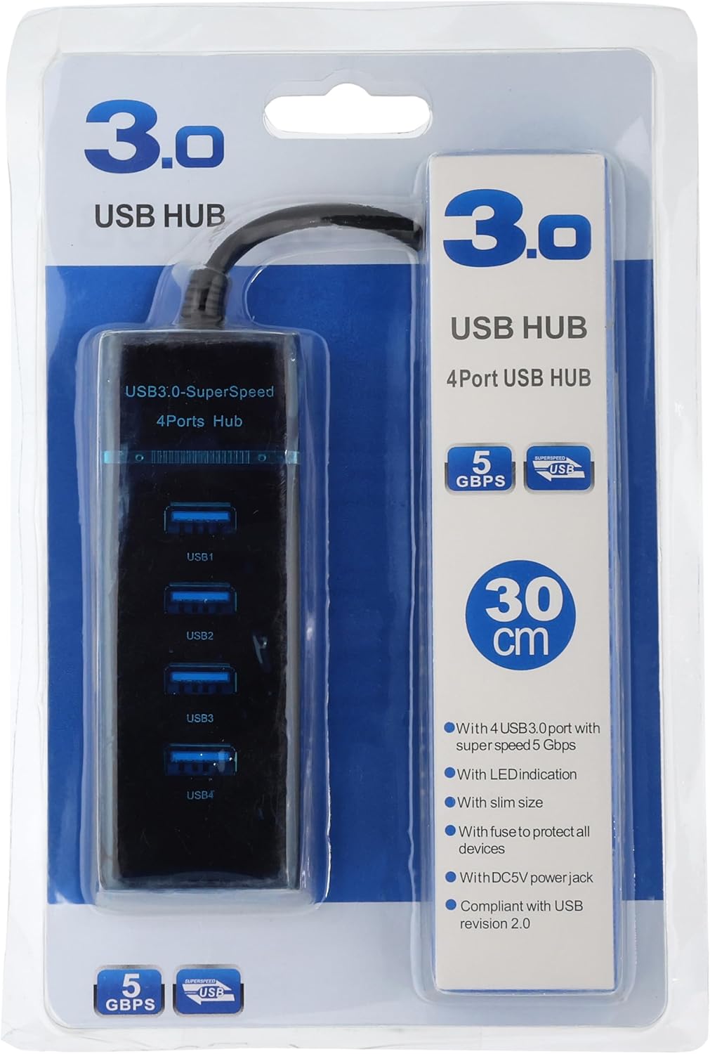 Hub USB3.0 4 Ports LED 30cm/1.2m